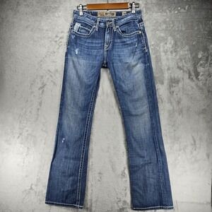 BKE Aiden Men's 28x34 Bootcut Jeans Medium Wash Stretch Distressed Thick Stitch